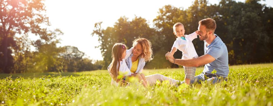 A family playing in a field