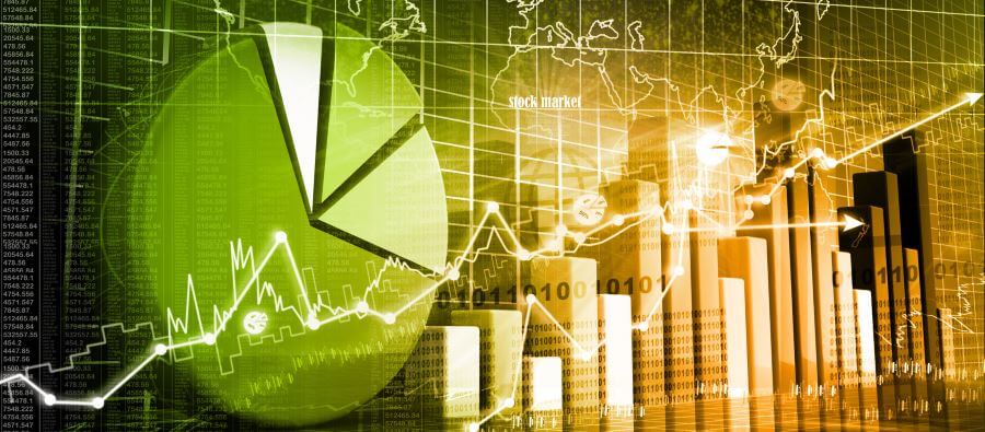 Green pie chart, Gold Bars, Graph of Stock Market Over Years